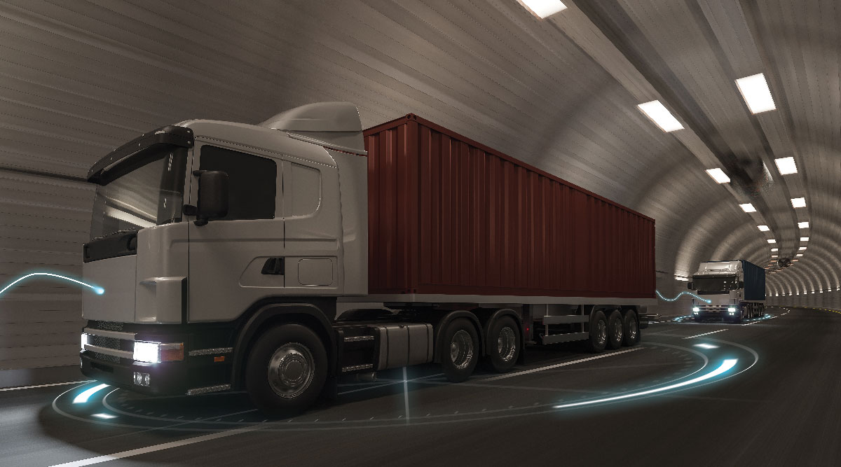 Illustration of trucks platooning in a tunnel using GNSS coverage extension