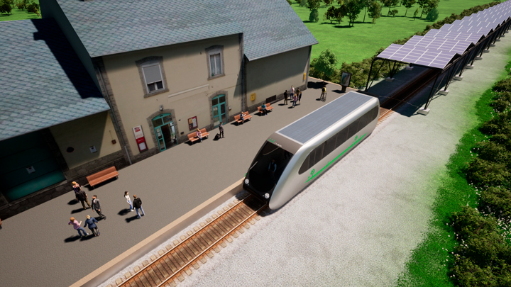 Artist view of the Eco Train Shuttle entering a station, delivering a sustainable transportation service for rural communities