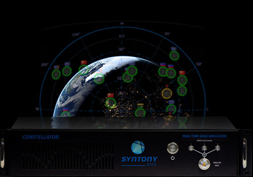 Illustration of satellites from multiple GNSS constellations being simulated by Constellator